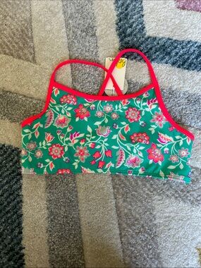 Mini Boden Green Floral Bikini Top with Pink Trim